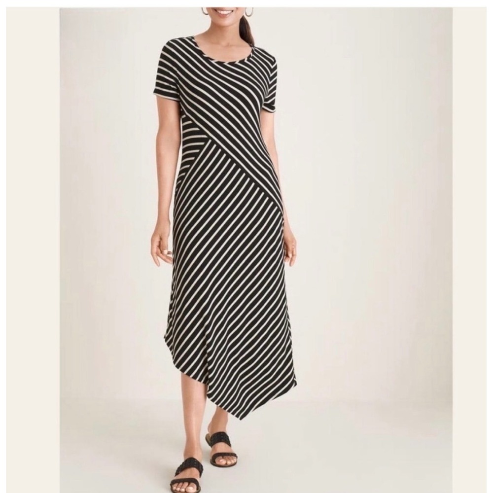 Chicos Splice Striped A-Line Dress Navy Blue White Asymmetrical Midi Size 3 XL